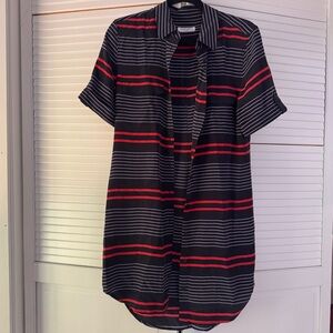 Equipment Navy Short-Sleeve 100% Silk Button-Down Shirt with Red & white Stripes
